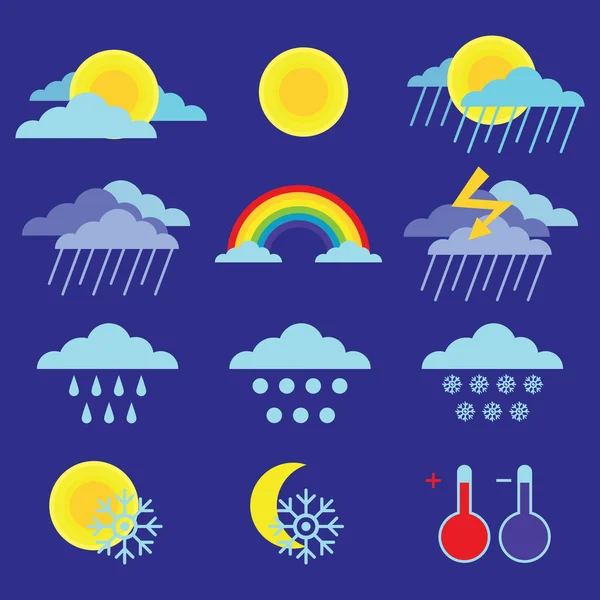 Ensemble vecteur plat coloré de 12 icônes météo différentes — Image vectorielle