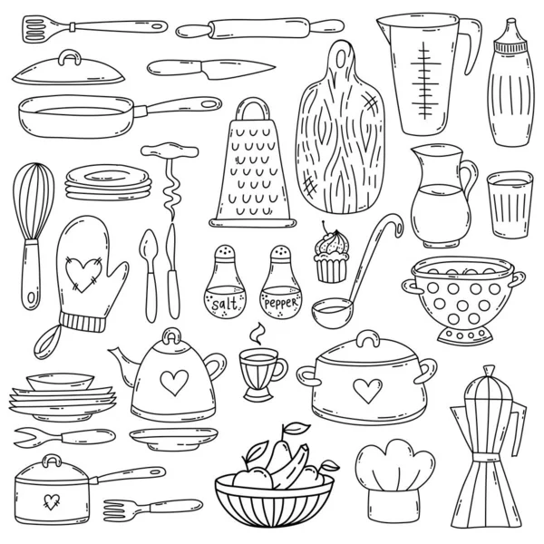 Doodle Keuken Koken Doodle Lijn Vector Pictogrammen Ingesteld — Stockvector