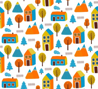 Küçük şirin sonbahar şehri köyü renksiz vektör deseni