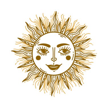 Güneş, astrolojik simge klasik karalama vektörü illüstrasyonuyla karşı karşıya