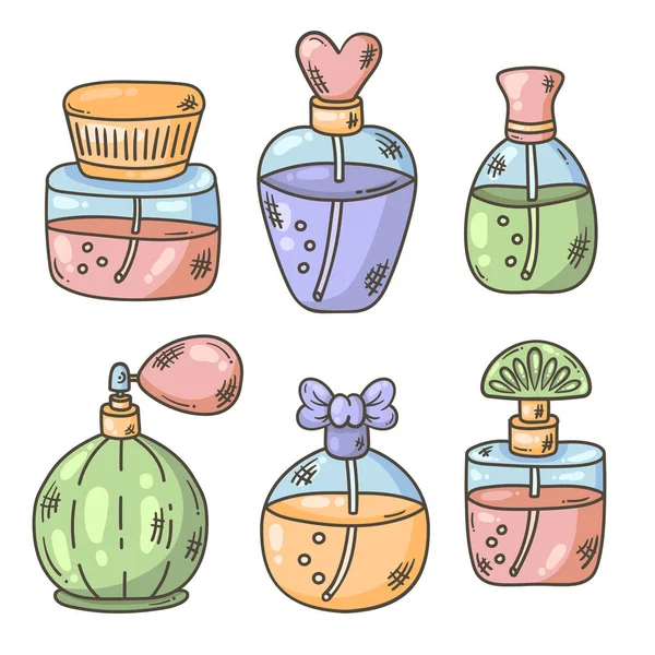 Parfum bootles doodle icons colorful vector set — Stock Vector