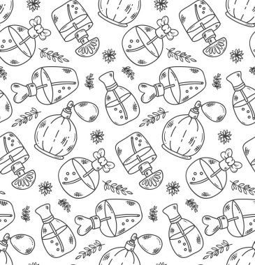 Parfüm şişeleri karalama çizgisi kusursuz vektör deseni