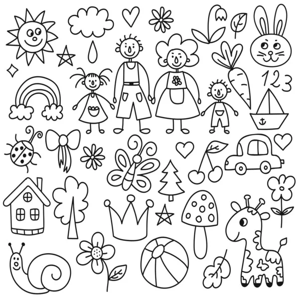 Ensemble vectoriel d'icônes de dessins naïfs simples semblables à des enfants — Image vectorielle