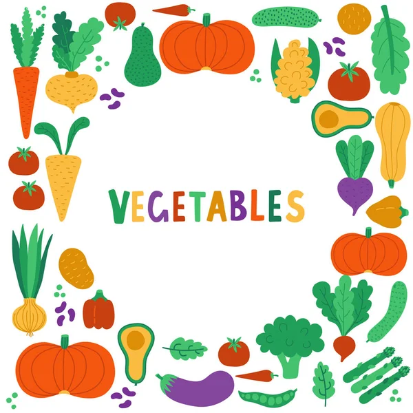 Groenten voedsel schattig kleurrijke pictogrammen vector frame — Stockvector
