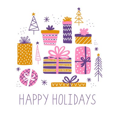 Noel hediyesi ikonları tebrik kartı vektör şablonu