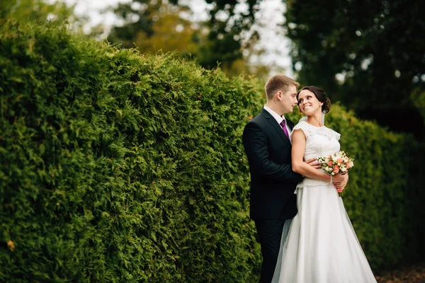 Vackra bruden och brudgummen promenader utomhus i parken. — Stockfoto