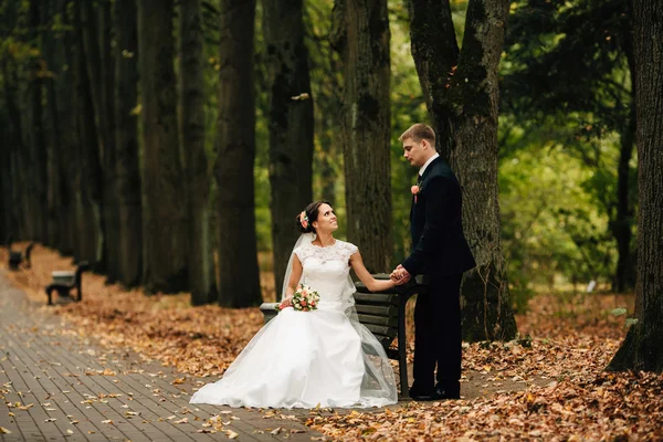 La novia y el novio sentado en el banco en el parque de otoño — Foto de Stock