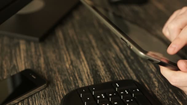 Close up Of Hands With Tablet At Wooden Desk — Stock Video