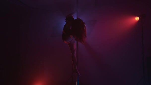 ポールダンスだ。セクシーな体を持つ美しいダンスの女の子。ポールダンスパフォーマンス — ストック動画