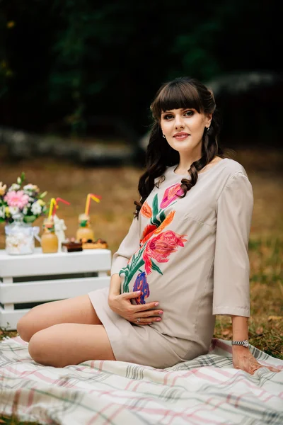 Привлекательная беременная женщина под клетчатым одеялом в осеннем парке — стоковое фото