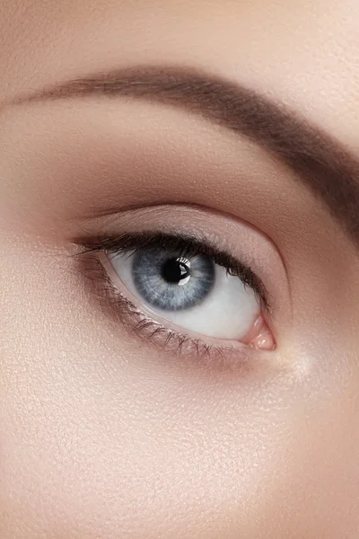 Primer plano Macro de hermoso ojo femenino con cejas de forma perfecta. Piel limpia, maquillaje Fashion Naturel. Buena visión — Foto de Stock