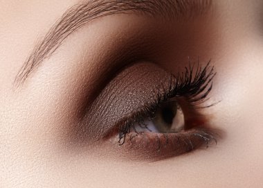 Klasik dumanlı makyaj ile kadın göz güzel makro çekim. Kaşlar, kahverengi kaptırdın ve uzun kirpiklerini mükemmel şekli. Kozmetik ve makyaj. Closeup makro moda dumanlı gözler sima vurdu
