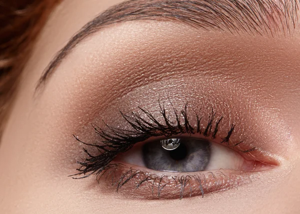 Hermoso macroplano de ojo femenino con maquillaje ahumado clásico. Forma perfecta de cejas, sombras marrones y pestañas largas. Cosméticos y maquillaje. Primer plano macro disparo de moda ojos ahumados visage — Foto de Stock