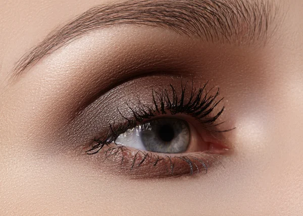 Hermoso macroplano de ojo femenino con maquillaje ahumado clásico. Forma perfecta de cejas, sombras marrones y pestañas largas. Cosméticos y maquillaje. Primer plano macro disparo de moda ojos ahumados visage — Foto de Stock