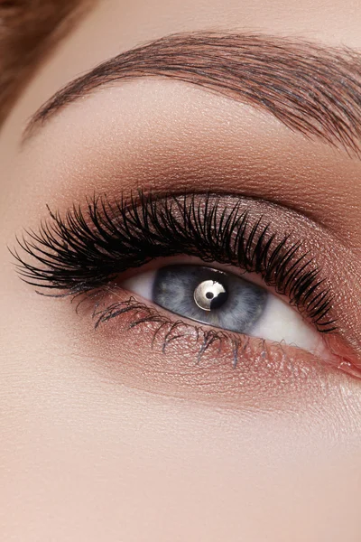 Hermoso macroplano de ojo femenino con maquillaje ahumado clásico. Forma perfecta de cejas, sombras marrones y pestañas largas. Cosméticos y maquillaje. Primer plano macro disparo de moda ojos ahumados visage — Foto de Stock