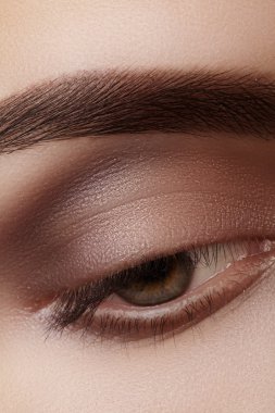 Doğal makyaj ile kadın gözü yeşil güzel makro çekim. Kaşlar, kahverengi kaptırdın ve uzun kirpiklerini mükemmel şekli. Kozmetik ve makyaj. Closeup makro moda dumanlı gözler sima vurdu.