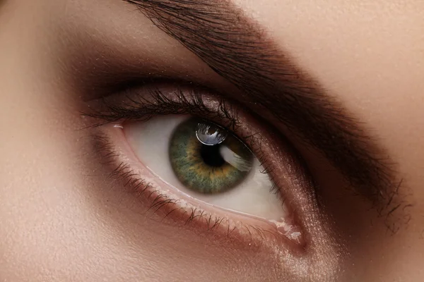 Mooie macro-opname van groene vrouwelijke oog met natuurlijke make-up. Perfecte vorm van wenkbrauwen, bruine eyeshadows en lange wimpers. Cosmetica en make-up. Close-up macro-opname van fashion rokerige ogen visage. — Stockfoto