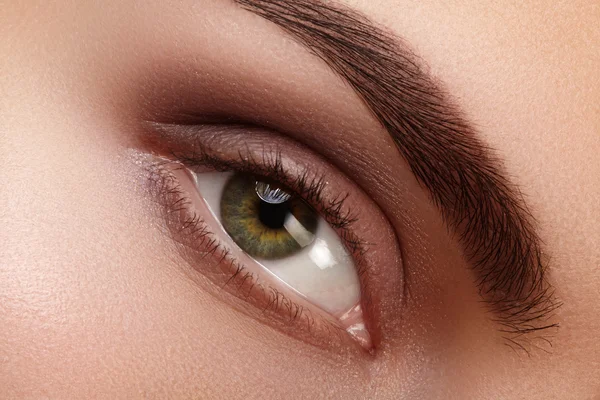 Nádherné makro záběr ženské oko zelené s přírodní make-up. Dokonalý tvar obočí, hnědá eyeshadows a dlouhé řasy. Kosmetiku a make-up. Detailní makro snímek módní vizáží kouřové oči. — Stock fotografie