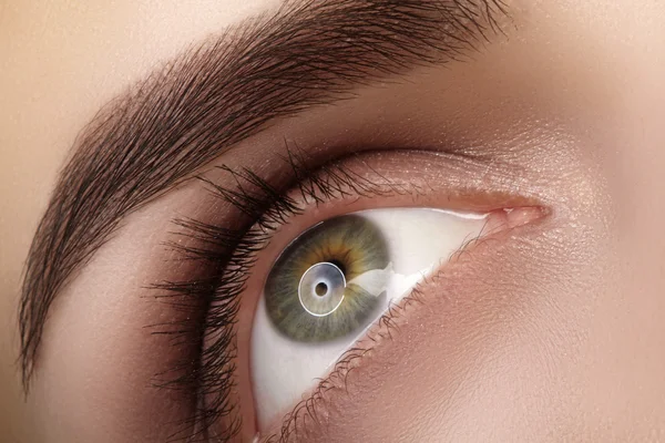 Schöne Makroaufnahme eines grünen weiblichen Auges mit natürlichem Make-up. perfekte Form von Augenbrauen, braunen Lidschatten und langen Wimpern. Kosmetik und Make-up. Nahaufnahme Makroaufnahme der Mode Smoky Eyes Visage. — Stockfoto