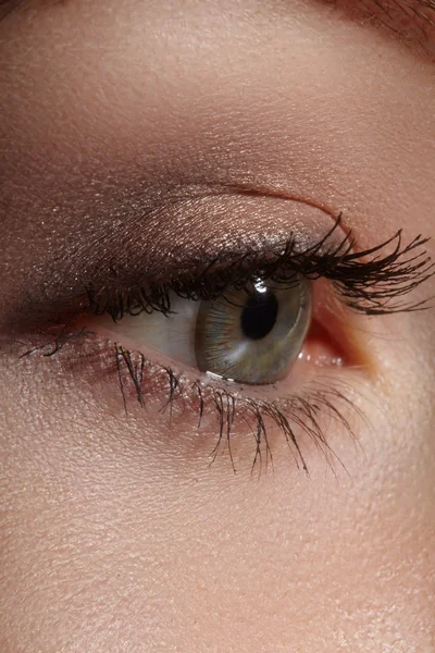 Schöne Makroaufnahme des weiblichen Auges mit zeremoniellem Make-up. perfekte Form des Eyeliners und hübsche blaue Linie auf dem Augenlid. Kosmetik und Make-up. Nahaufnahme Makroaufnahme der Mode funkelnde Visage — Stockfoto