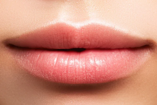 Dulce beso. Maquillaje labial natural perfecto. Primer plano foto macro con hermosa boca femenina. Labios rellenos. Detalle facial de primer plano. Piel limpia perfecta, maquillaje de labios fresco y ligero. Hermoso spa tierno labio —  Fotos de Stock