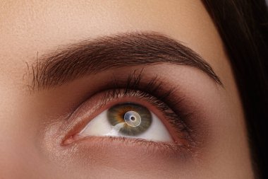 Makro ela göz ve tanımlanmış kaş, doğal makyaj ve temiz güzellik ifadesi. Makro kozmetik markası veya oftalmoloji kliniği, kalıcı makyaj, lazer görme düzeltmesi.