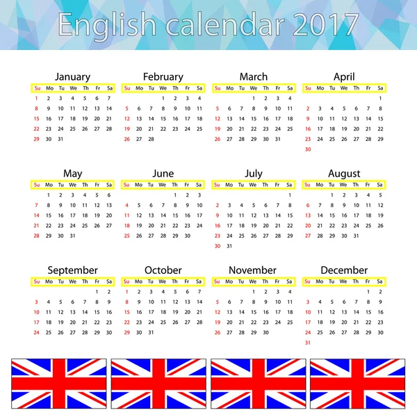 Английский календарь 2017 — стоковый вектор