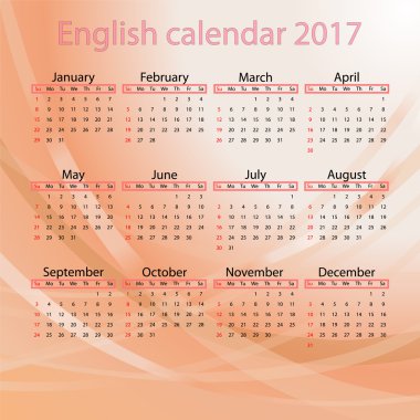 Kırmızı zemin üzerine İngilizce takvim 2017