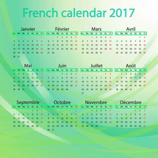 Calendrier français 2017 sur fond vert Illustrations De Stock Libres De Droits