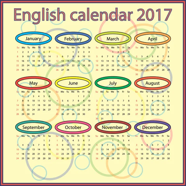 Calendrier anglais 2017 Vecteurs De Stock Libres De Droits