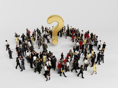 3d characters around a golden question mark  clipart