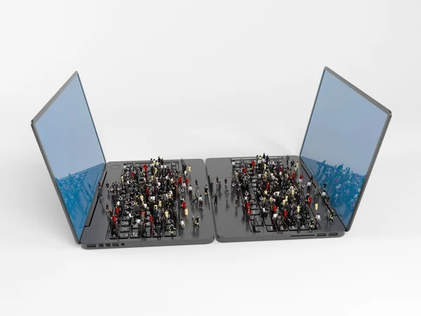 İki bağlı dizüstü bilgisayarlarda 3D karakterler — Stok fotoğraf