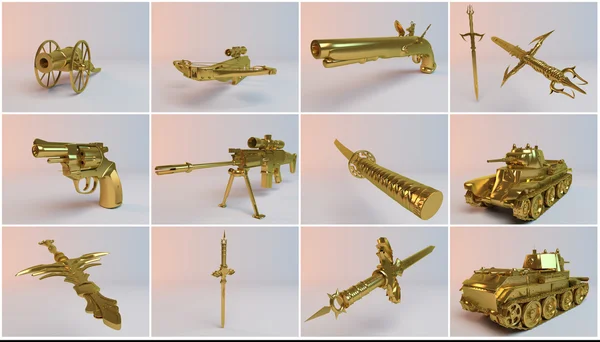 Χρυσή φανταστικό 3d όπλα συλλογή — Φωτογραφία Αρχείου