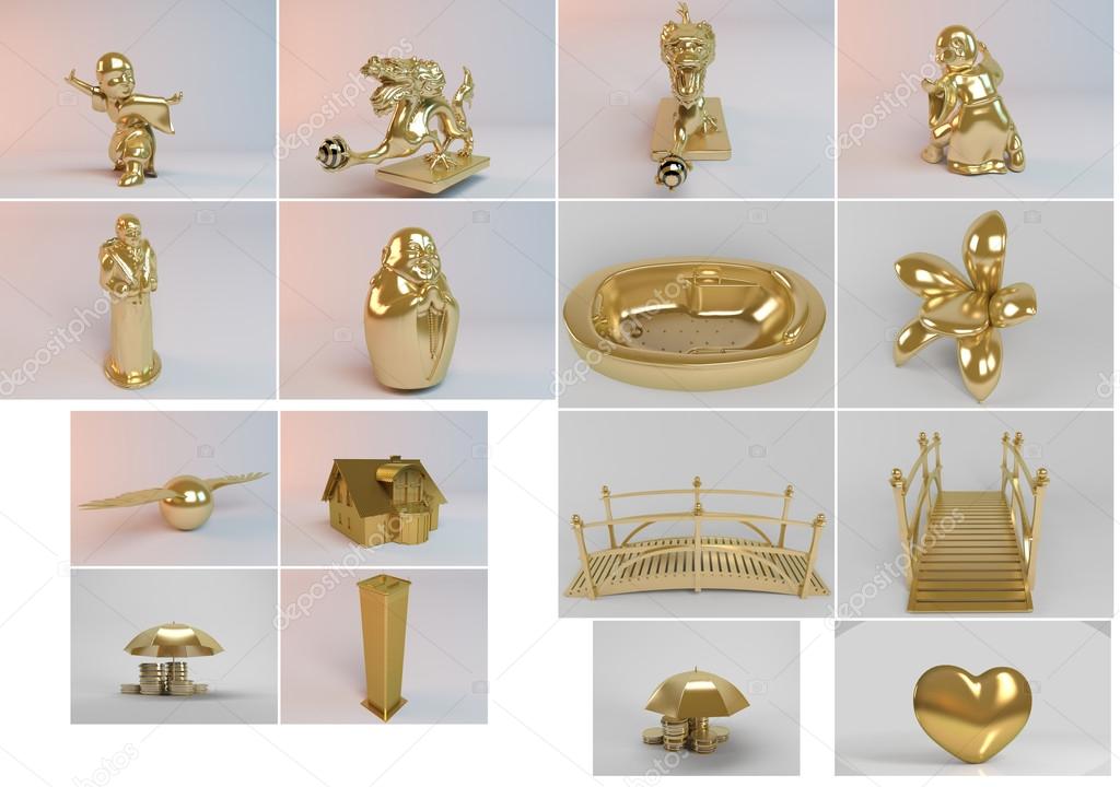 Big 3d collection of golden objects