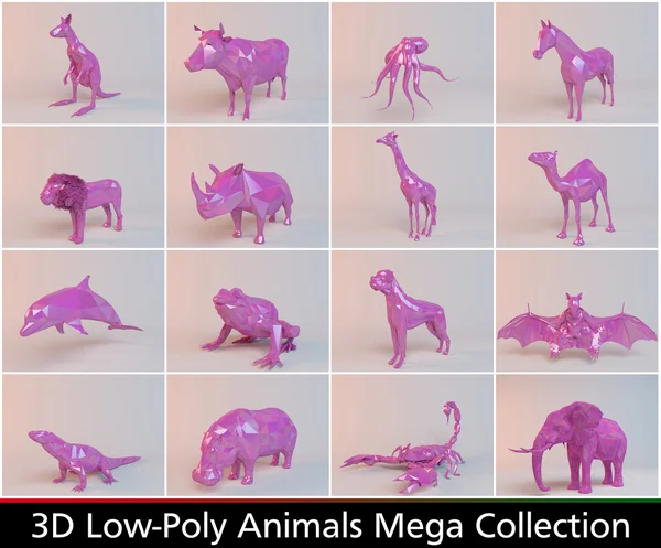 3 d のピンクの低ポリ動物コレクション — ストック写真
