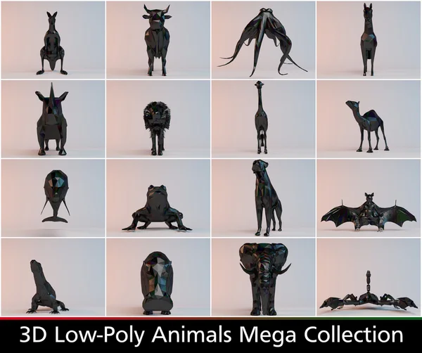 3D svart låg poly djur samling — Stockfoto
