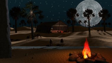3D desert scene with palm trees