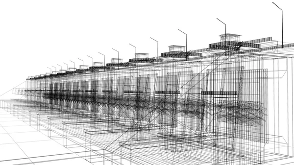 Perspective 3D render of building wireframe — Stockfoto