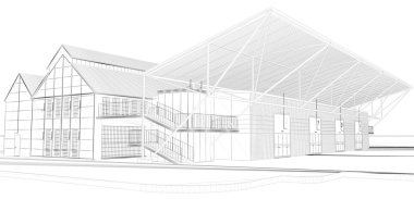 Perspektif iç tel kafes 3d render. Blueprint arka plan