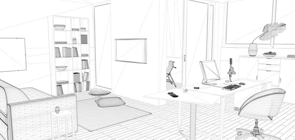 Perspective 3D render of interior wireframe. blueprint background — Stock Photo, Image
