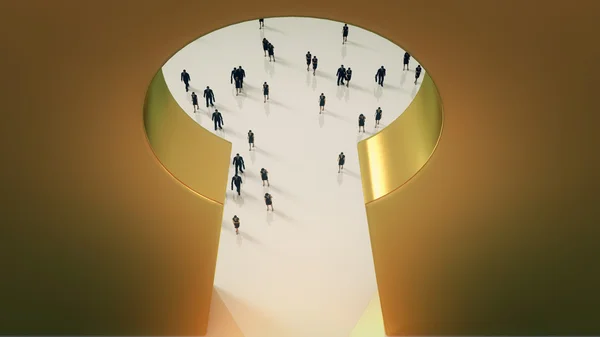 Bir grup insan bir kapı yürüyen küçük iş kadın ve erkek