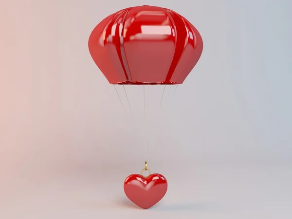 3D-Herzen und Fallschirm fallen vom Himmel für Valentinstag-Liebhaber — Stockfoto