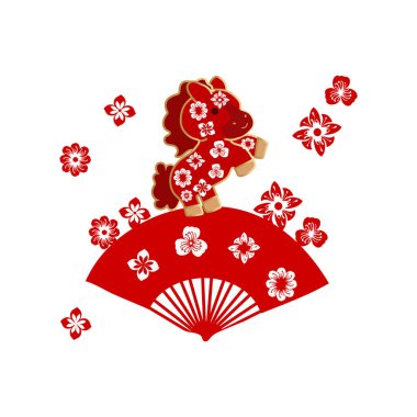 Kiraz çiçeği desenli kırmızı at Vietnam Zodiac at maskotu, ay yeni yılı için Vietnam at maskotu.