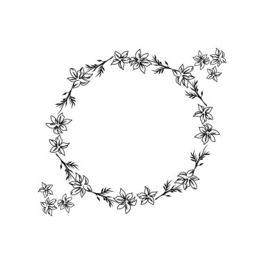 Çiçeklerle süslü, botanik yuvarlak daireler, çeşitli çiçekler, yapraklar ve dallarla daire çiz. Bahar botanik elementleri. Gül, papatya, şakayıklar açar. Vektör seti.