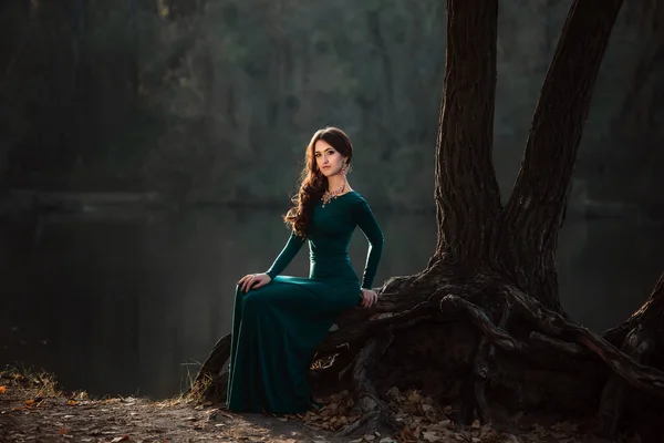 Lady in a luxury    emerald dress — Stock Photo, Image