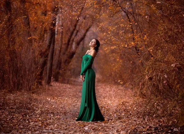 Senhora em um vestido de luxo esmeralda — Fotografia de Stock