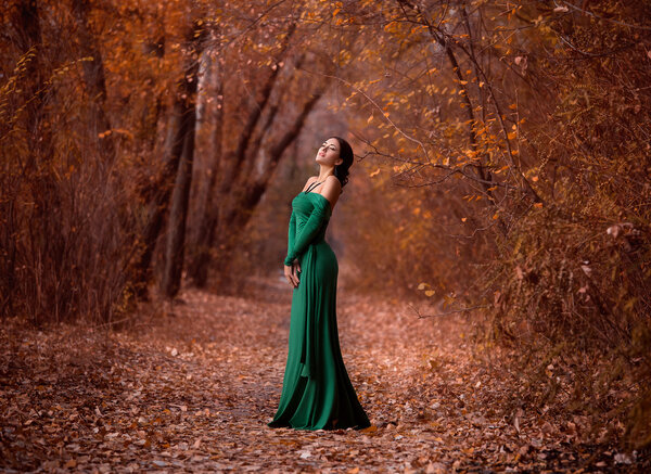 Lady in a luxury lush emerald dress ,fantastic shot,fairytale princess is walking in the autumn forest,fashionable toning,creative computer colors