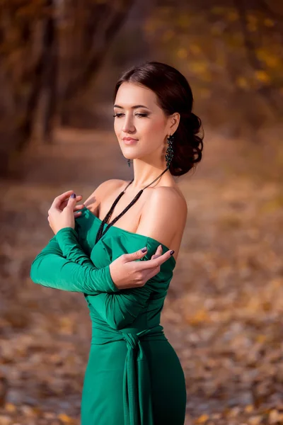 Lady in a luxury    emerald dress — Stock Photo, Image