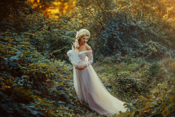 The beautiful countess in a long pastel dress is walking in a green forest full of branches, elf, Princess in vintage dress, the queen of the forest,fashionable toning creative computer colors