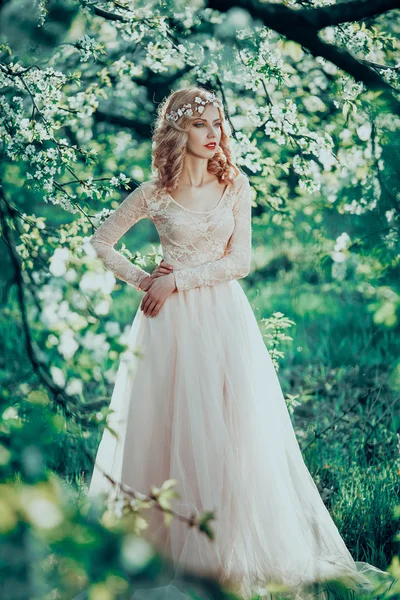 The beautiful countess in a long pastel dress — Stock Photo, Image